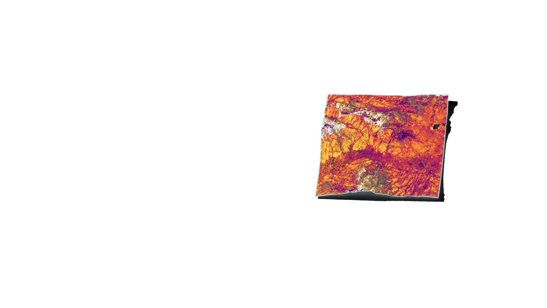 Rendered terrain relief of the Kızıldere analysis area with the Remote-Sensing Relative Priority — Experimental Baseline surface draped over it; terrain shows through where there is no analytical support