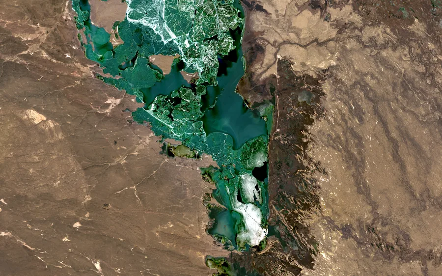 Satellite view of the Ili River Delta and Lake Balkhash in Kazakhstan