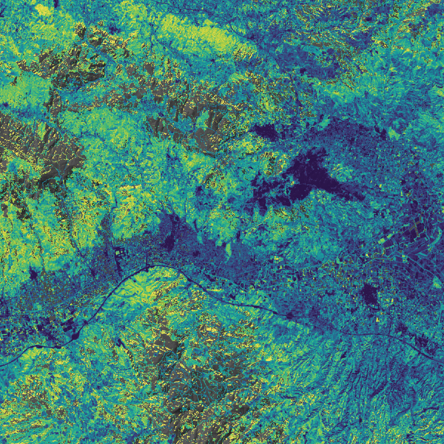 Map of the surface alteration signal across the Kızıldere area of interest, running from deep blue where the signal is weakest to yellow where it is strongest