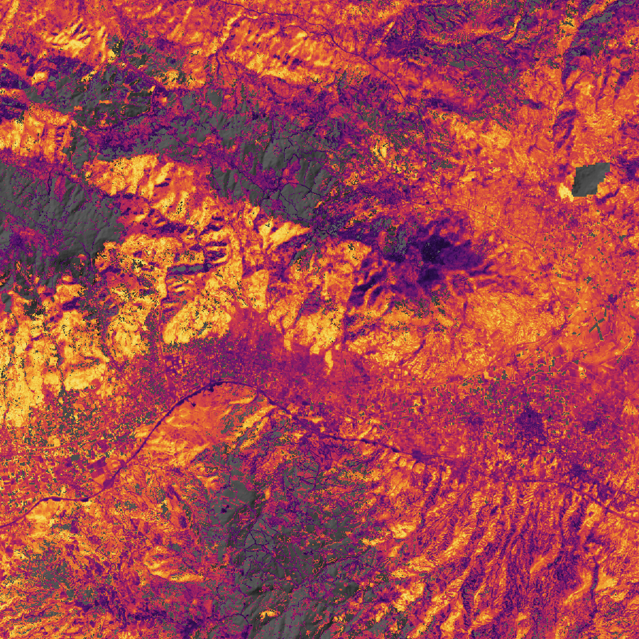 Relative priority map of the same area of interest, revealed over the natural-colour view