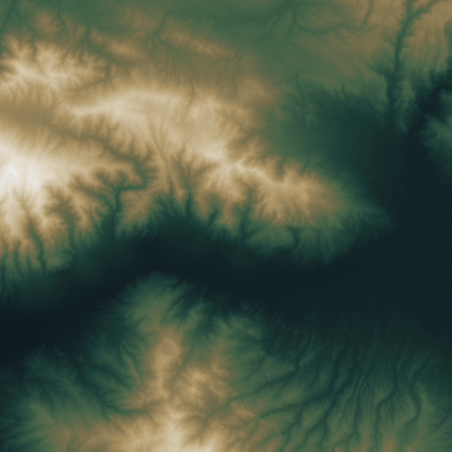 Colour elevation map of the Kızıldere area of interest, with low ground in dark green and high ridges in pale stone and white