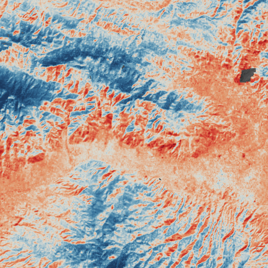 Diverging thermal anomaly map of the Kızıldere area of interest, with cooler ground in blue and warmer ground in red